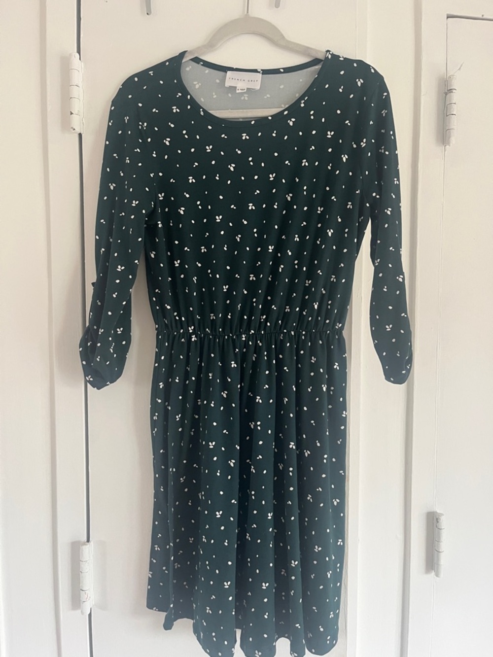 French Grey Dark Green Long Sleeve Dot-Print Dress